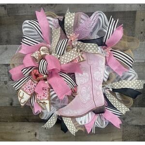 Pretty in Pink Western Cowgirl Deco Mesh Wreath - Handcrafted Rustic Charm